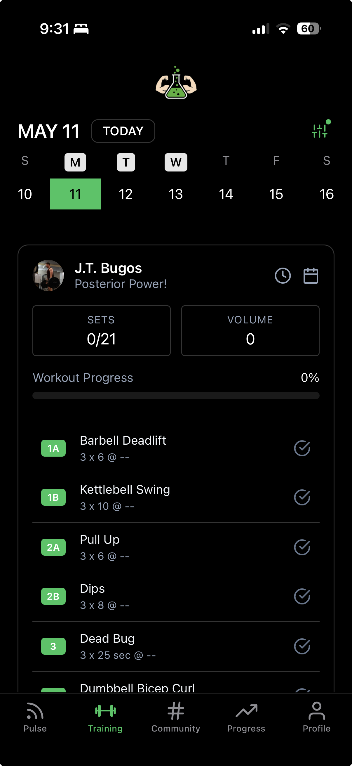 Student workout view in the campus wellness app